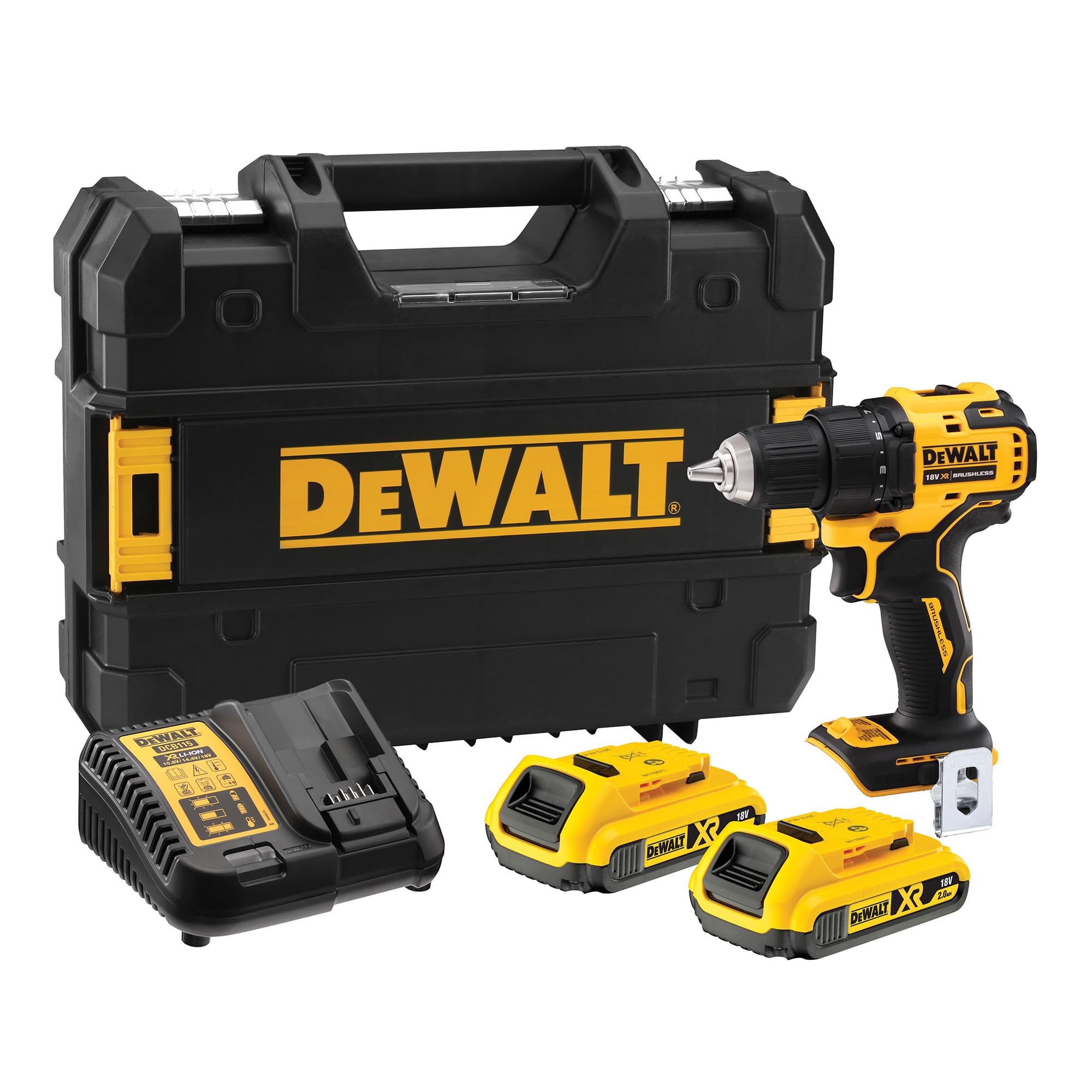18V XR Brushless Drill Driver with 2 2Ah Lithium Ion batteries and charger, DCD708D2T-QW