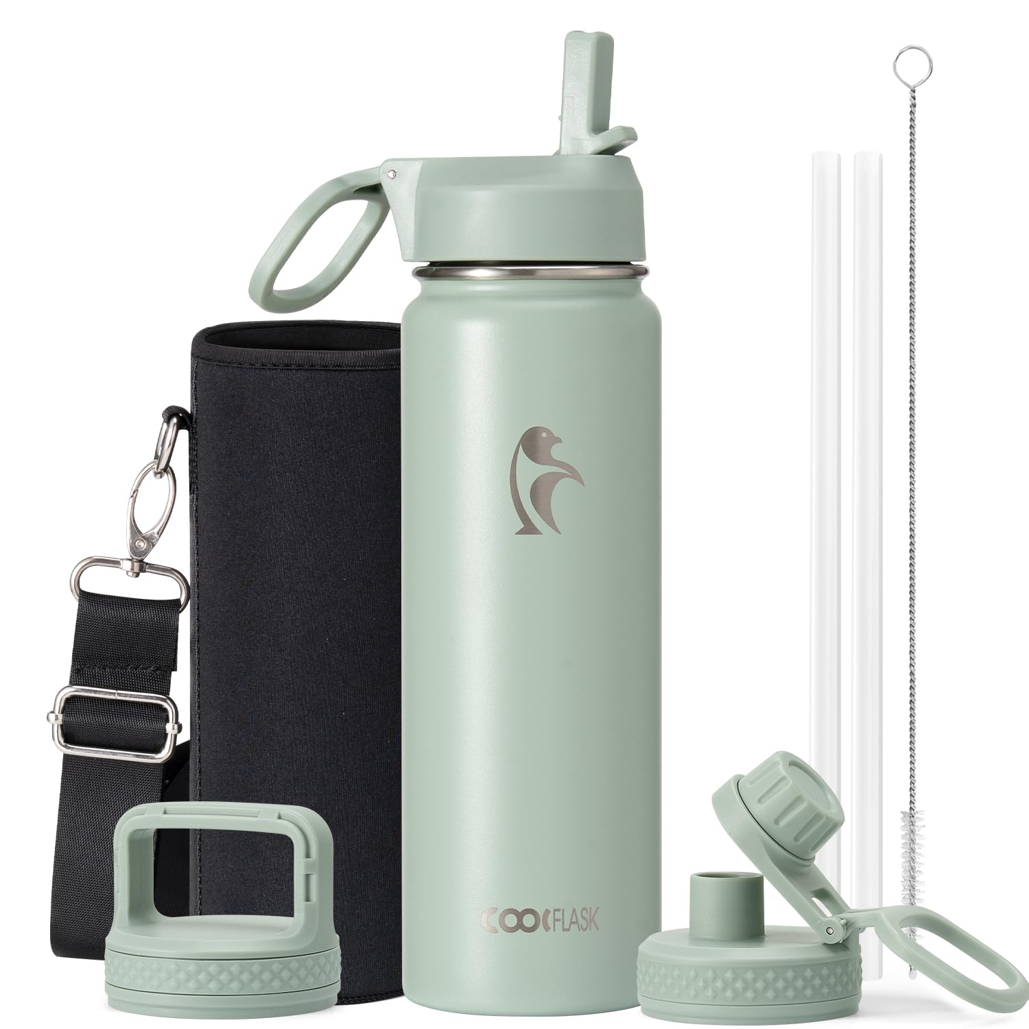Coolflask Water Bottle 710ml Insulated with Straw, Stainless Steel Metal 3 Lids Water Flask Wide Mouth for Sports or Office, Non-BPA Keep Cold Up to 48 Hrs or Hot Up to 24 Hrs, Grey Green โ image 1