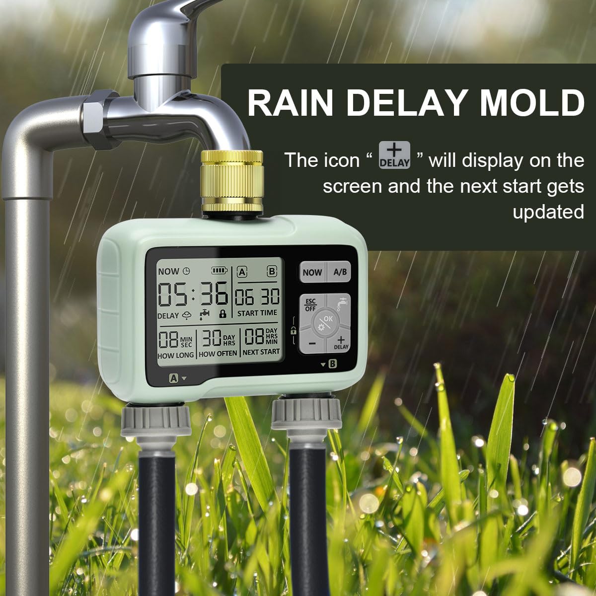 Johgee Irrigazione computer 2 uscite con ingresso in ottone, orologio digitale per irrigazione con ritardo della pioggia, controllo automatico/manuale dell'irrigazione, timer da giardino