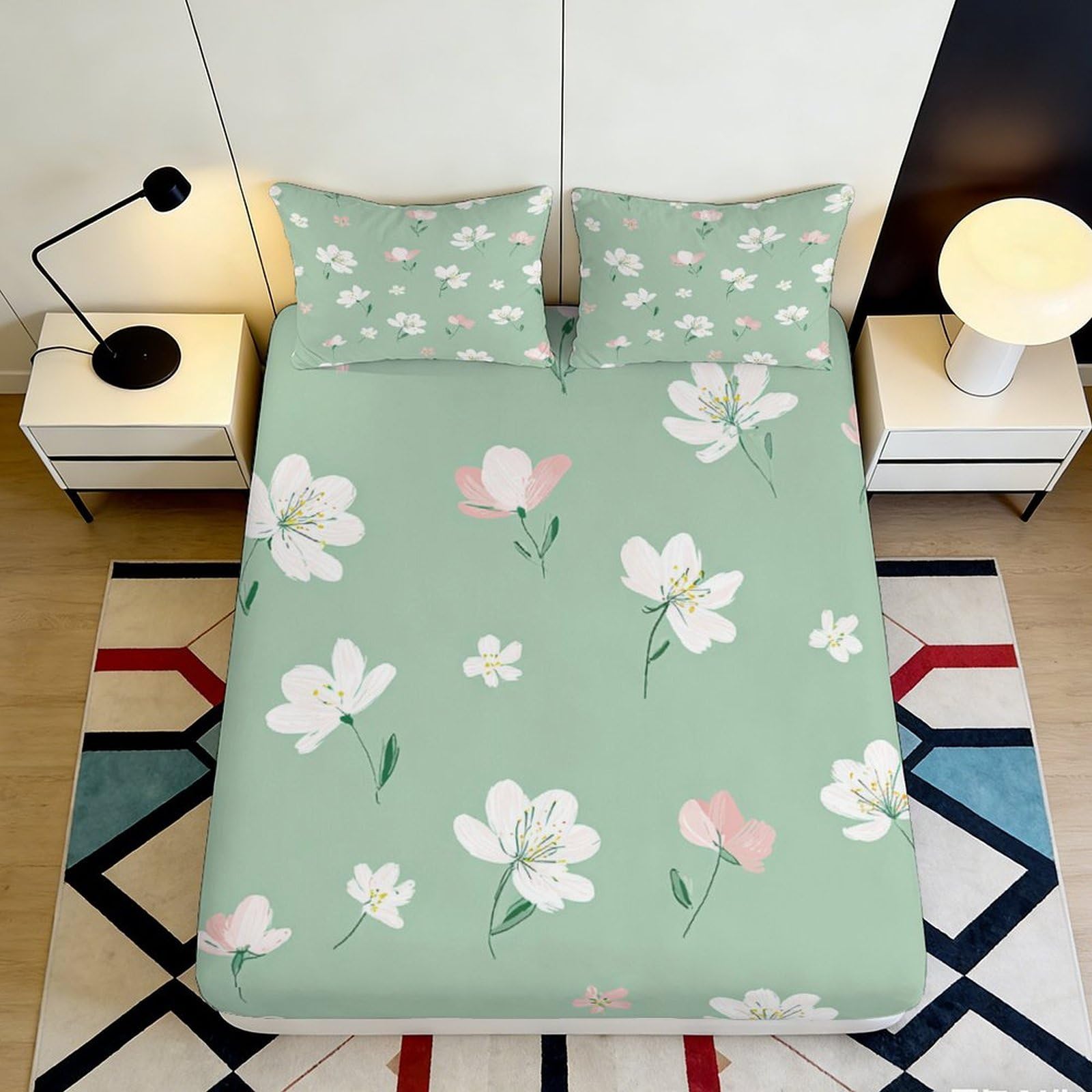 Jqzkxnhpbr Style-1 3D Printed Green Magnolia Fitted Sheet Microfiber Soft Floral Bed Sheet For Bedroom Guest Room Dustproof Decor 90X200x25cm