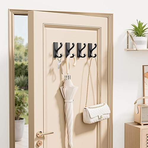Miniatura 7 de Ganchos de pared negros para abrigos, paquete de 4 ganchos autoadhesivos para ropa, toallas, llaves, ganchos resistentes para puerta, cocina, baño,