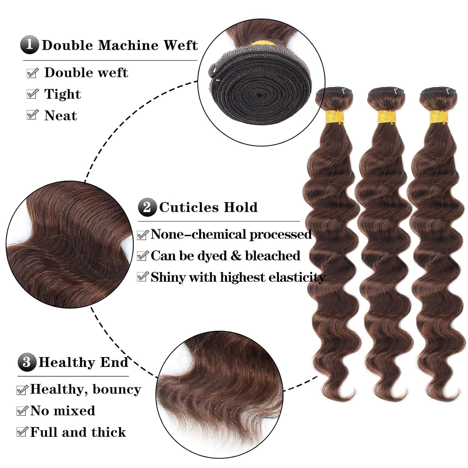 Creuost Human Hair Bundles #4 Chocolate Brown Color Loose Wave Soft and Silk Natural Brazilian Virgin Human Hair Extension For Woman 3 Bundles Total 300g 16 18 20 Inch - Image 3