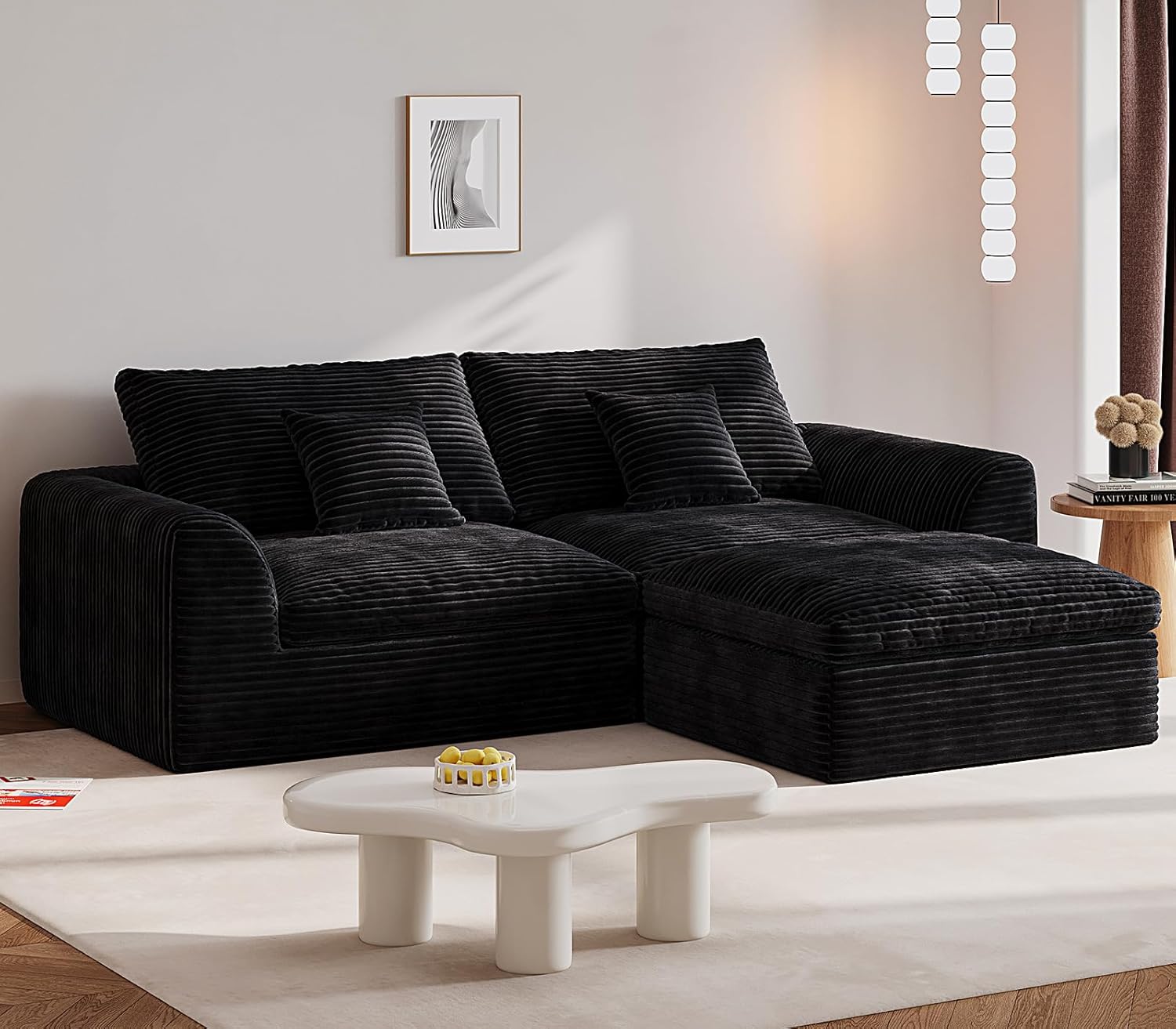 Boneless Couch 91" Cloud Sofa 3-Seater Sectional Couches for Living Room, L-Shape Sofa with Ottoman, Comfy Flannel Fabric Oversized Loveseat Recliner Lounge Chaise with 2 Throw Pillow (Black)