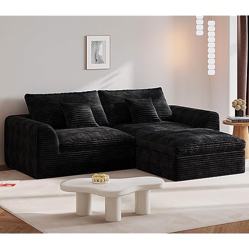 91“ Boneless Couch Loveseat Sofa Modular Sectional with Ottoman, Comfy Flannel Fabric Cloud Sofa Sleeper Deep Seat with 2 Throw Pillows & Backrest (Cover Washable), for Small Spaces Living Room