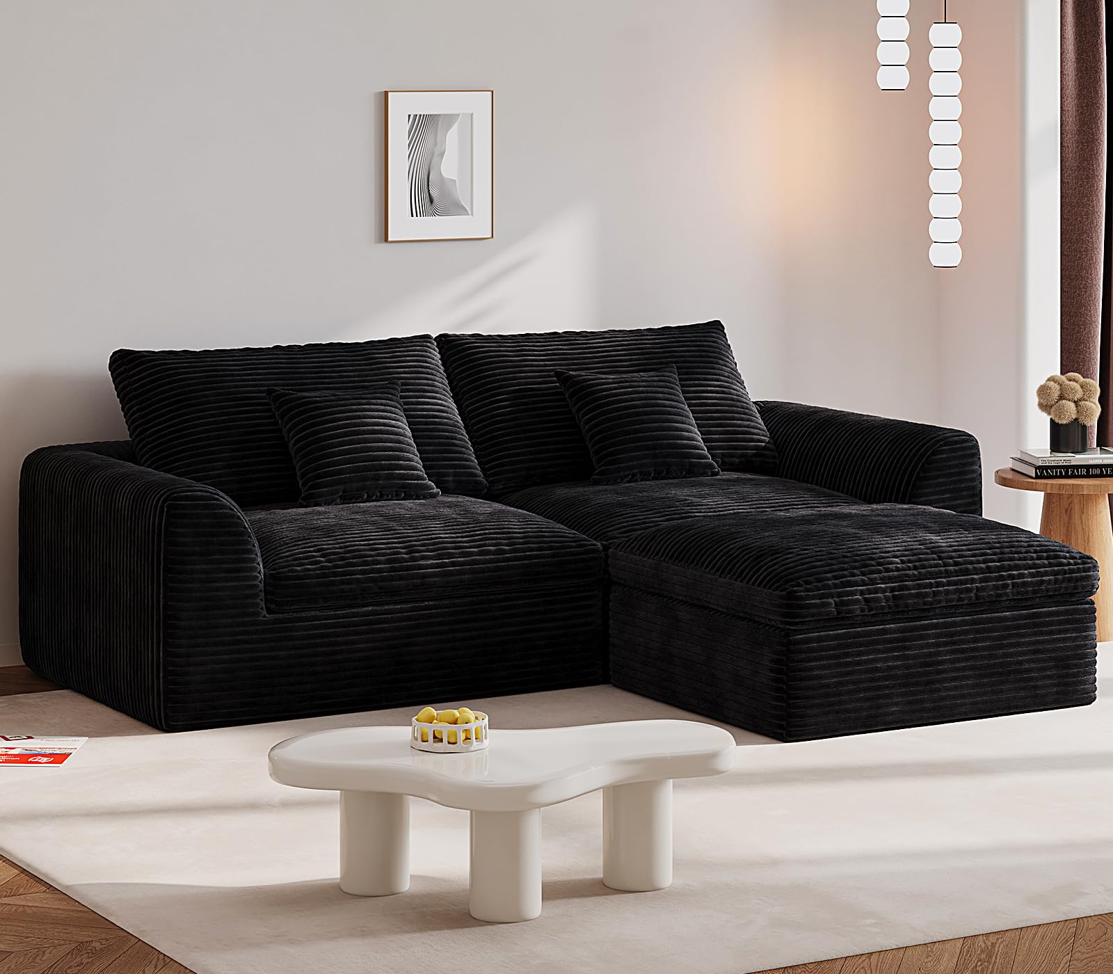 91″ Boneless Couch 3-Seater Modular Sectional Sofa with Ottoman for Living Room, L-Shape Cloud Couch with Comfy Flannel Fabric, Oversized Loveseat Recliner Lounge Chaise with 2 Throw Pillows (Black)