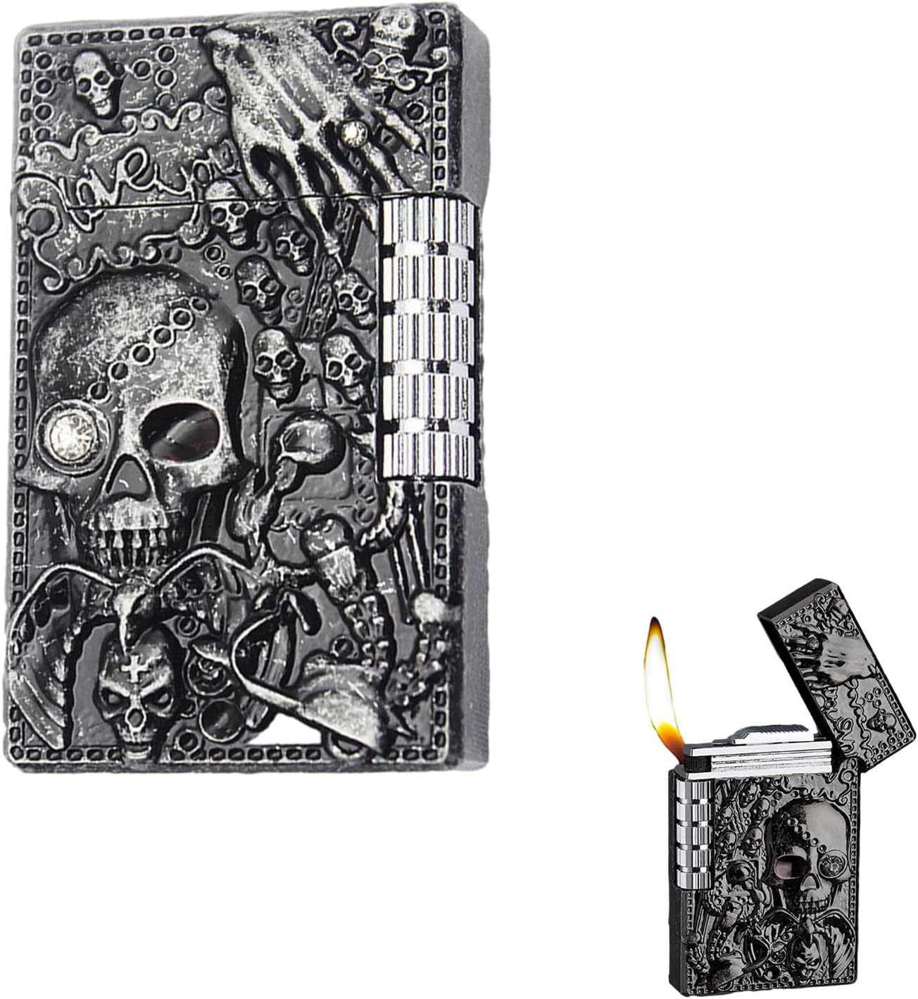 Cool Engraved Skull Lighter - Creative Grinding Wheel Butane Lighter, Soft Flame, Jet Torch - Adjustable Inflatable, Retro Antique - Men's Gift (No Gas) - Black Gray