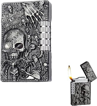 Cool Engraved Skull Lighter - Creative Grinding Wheel Butane Lighter, Soft Flame, Jet Torch - Adjustable Inflatable, Retro Antique - Mens Gift No Gas - Black Gray