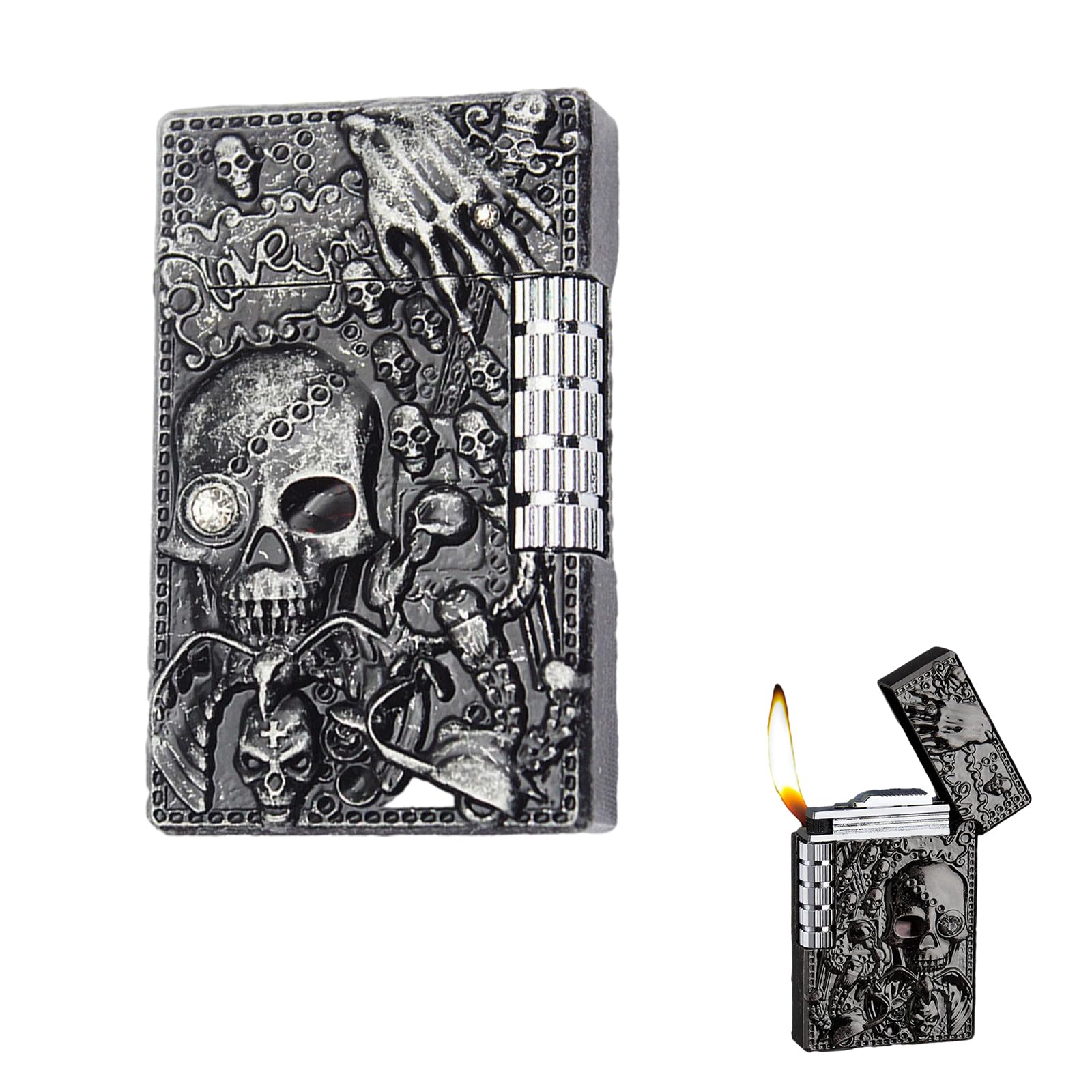 Cool Engraved Skull Lighter - Creative Grinding Wheel Butane Lighter, Soft Flame, Jet Torch - Adjustable Inflatable, Retro Antique - Men's Gift (No Gas) - Black Gray