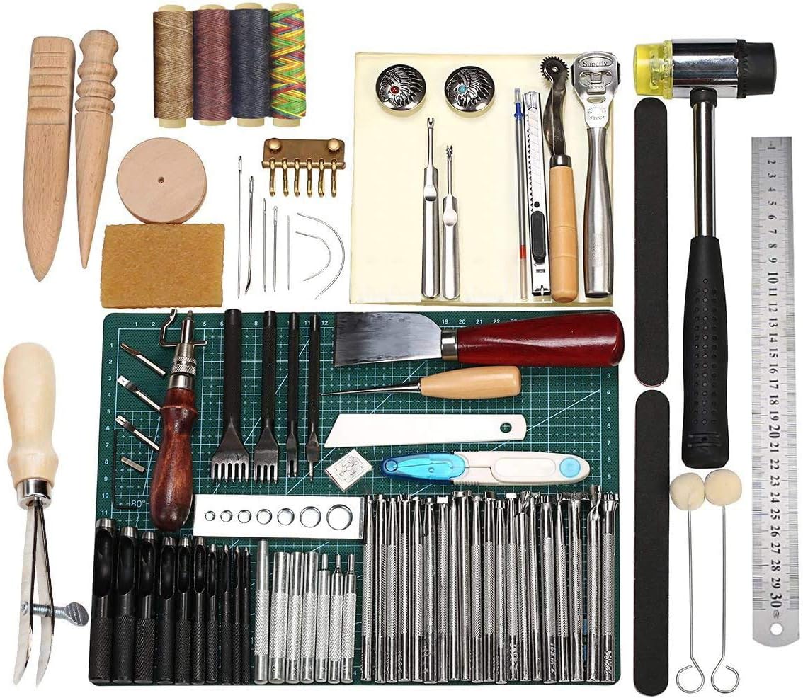 Leathercraft Working Tools Kit, Leather Craft Stamping Tools with Cutting Mat, Stitching Groover, Prong Punch, Snaps, Rivets Kit and Professional Stitching Sewing Tools for DIY Leathercraft