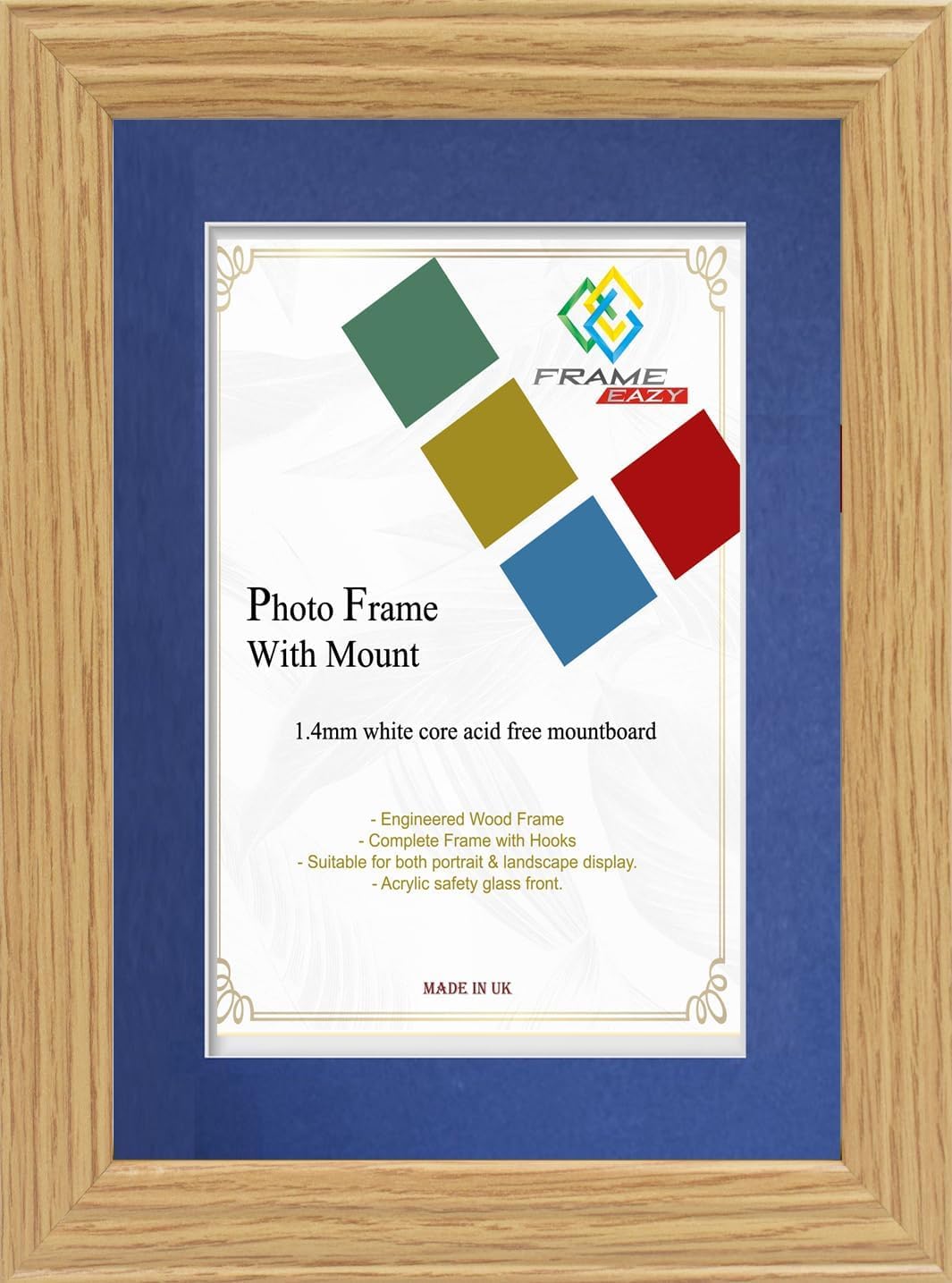 FRAME EAZY Oak 8x8 Photo Frame with 6x6 Blue Mount - Antique Style Picture Frame With Safe Perspex Front - Frame 8" x 8" For Picture Size 6" x 6"