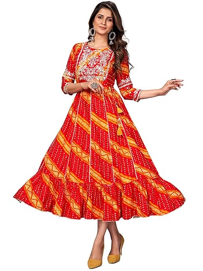 Women's Bandhani Printed & Embroidered Anarkali Rayon Kurta