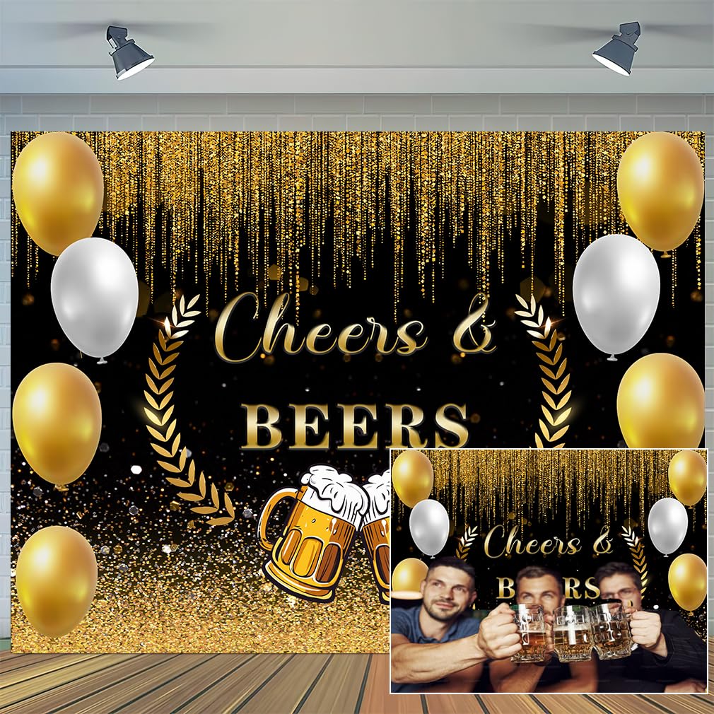 Cheers and Beers Backdrop 7 x 5 ft, Black Golden Glitter Beer Festival Party Banner 30th 40th 50th Happy Birthday Decoration for Men Background Photo