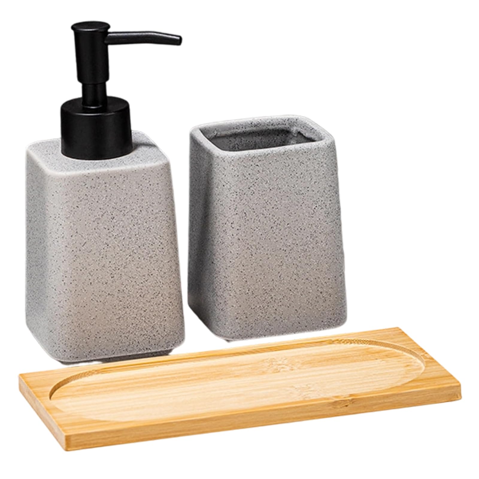 Elnwnnkc 3PCS Trapezoid Soap Dispenser Set 300ml Capacity Featuring Wood Storage Tray Toothbrush Cup for Bathroom Countertop Use Ceramic Soap Dispenser Set