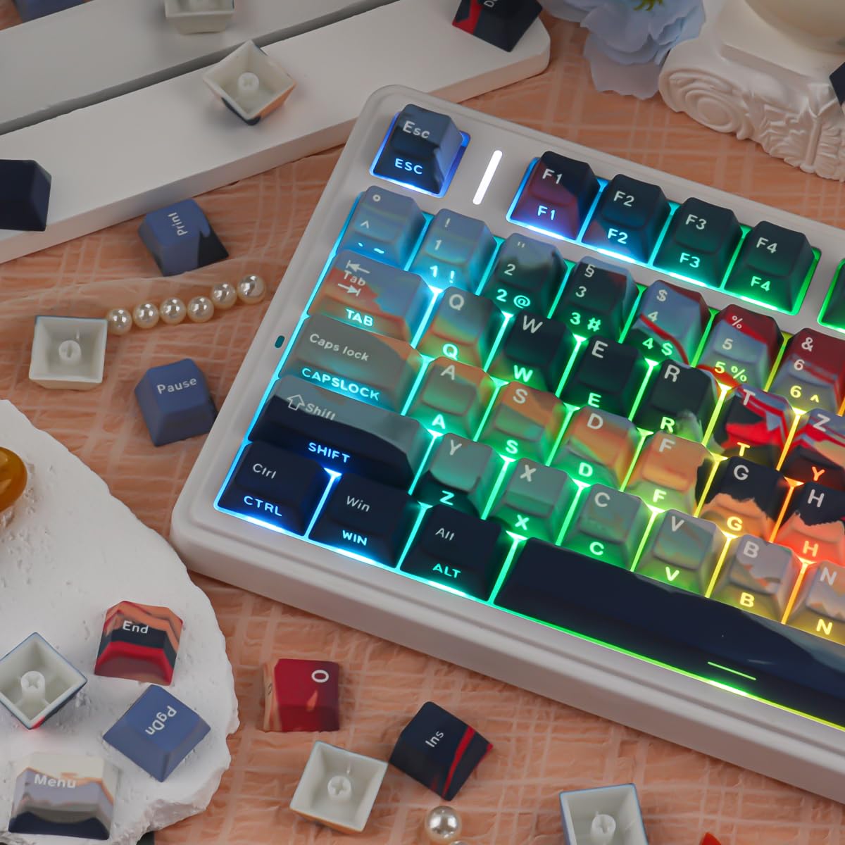 PBT ISO Keycaps, 133 Keys Cloud and Mist Keycaps, Side Print Shine Through Custom Keycap for Cherry MX Switch German QWERTZ Layout Mechanical Keyboards