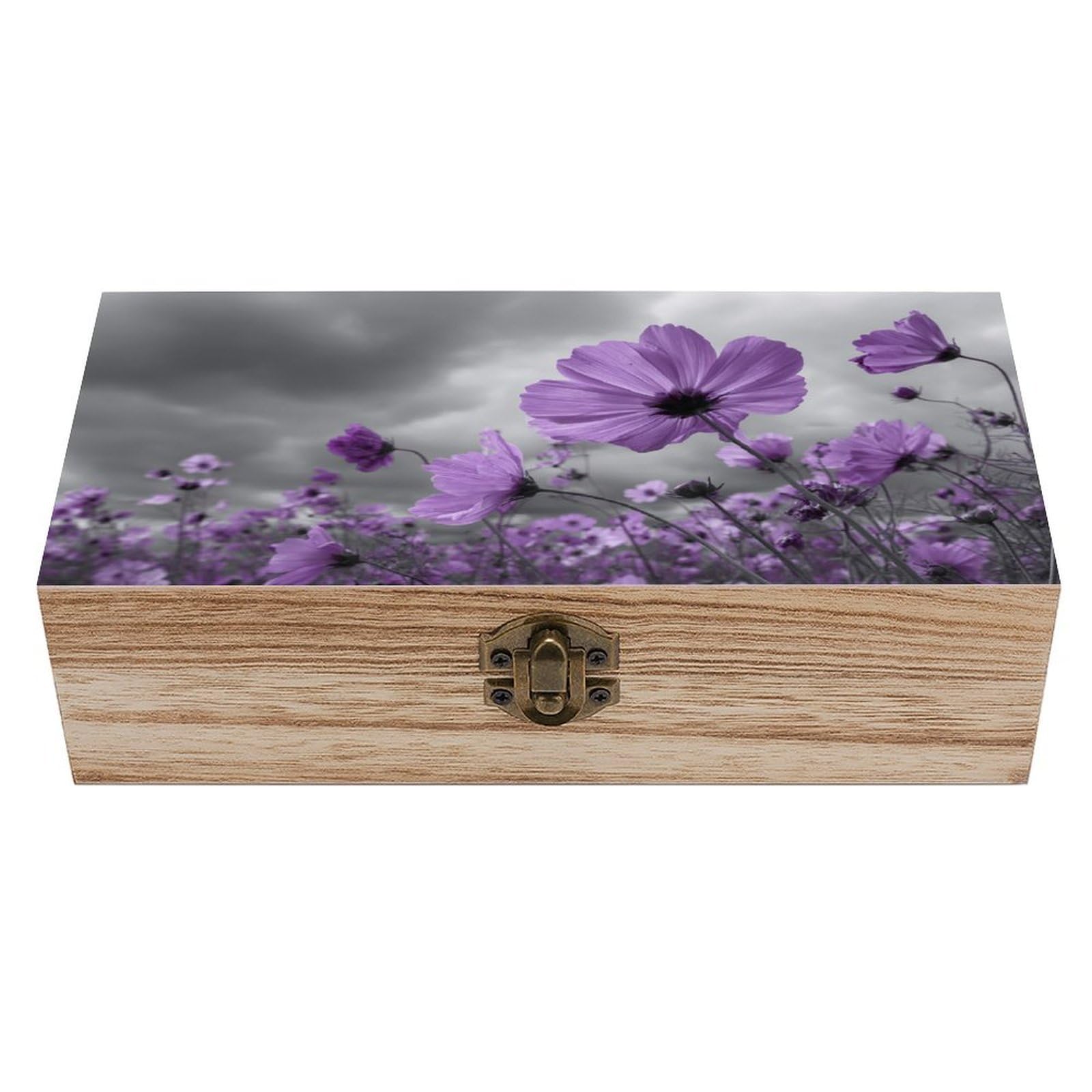 asbwuo Field of Purple Flowers Wooden Storage Box with Hinged Lid
