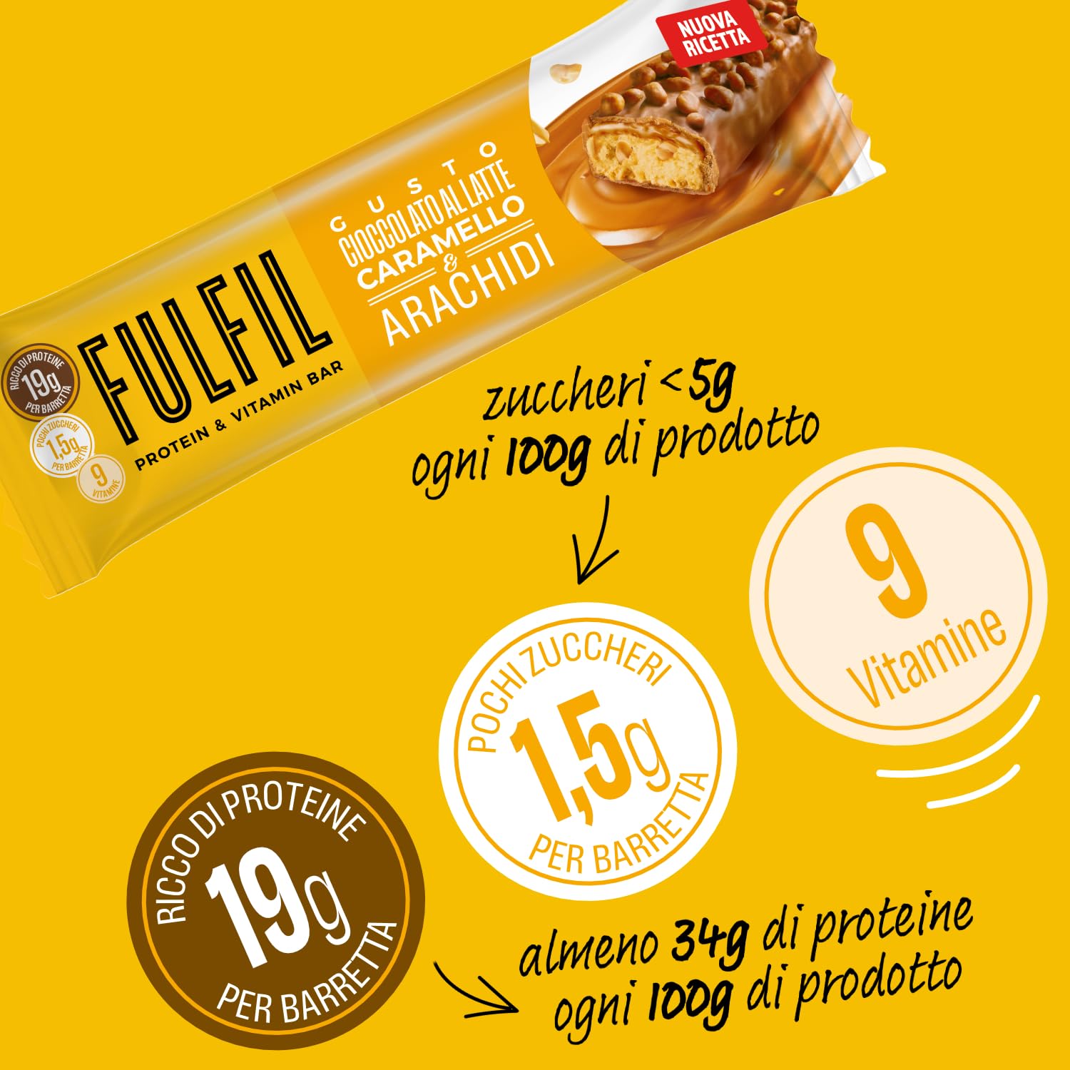 FULFIL - 15 Barrette Proteiche da 55 Grammi, Gusto Cioccolato Caramello e Arachidi con 9 Vitamine e Pochi Zuccheri, Confezione da 825 Grammi