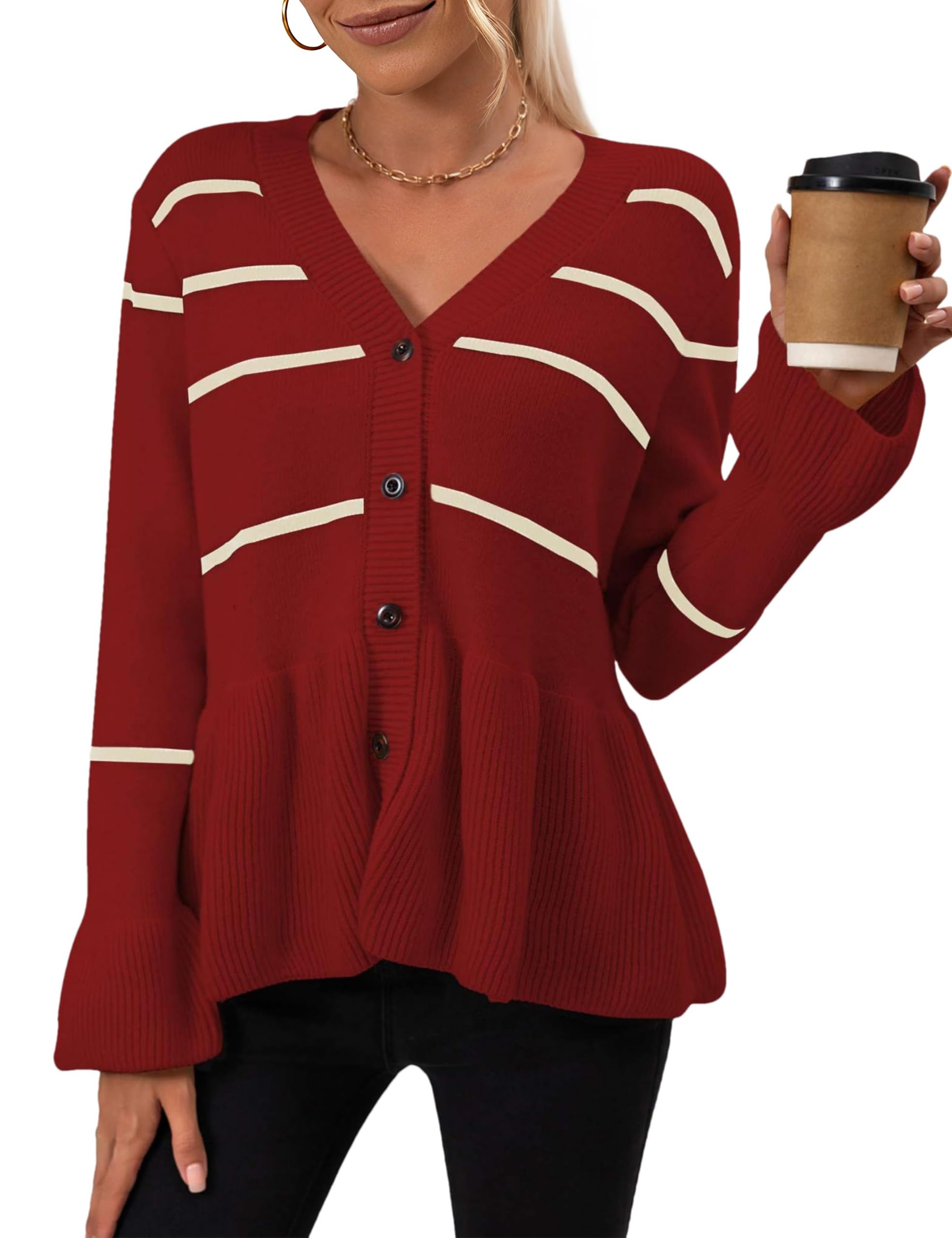 Womens Striped Cardigan Sweaters Long Sleeve Button Down Cropped Knit Casual Peplum Flared Hem Outwear for Fall