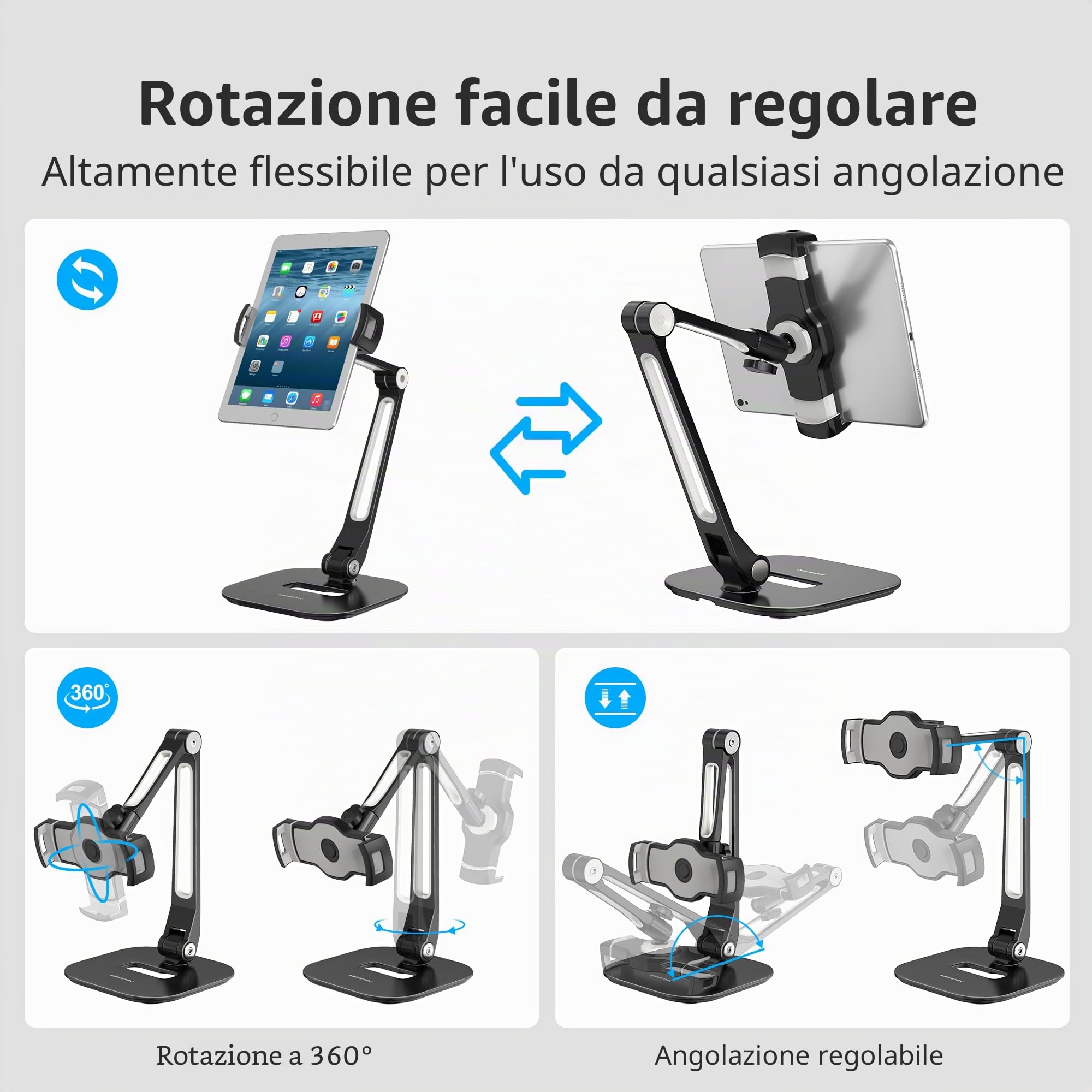 AboveTEK Supporto per Tablet in Alluminio, Con Rotazione a 360°, Compatibile con Tablet e Telefoni da 4 a 11 Pollici, Struttura Professionale e Robusta, Ideale per Negozi, Uffici e Showroom (Nero)