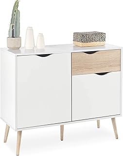 VonHaus Sideboard White & Oak Effect - Small Compact Sideboard Cabinet with 3 Storage Drawers & Cupboards – Nordic Scandi Style Furniture with Tapered Legs - Living Room, Lounge, Home Office & Hallway