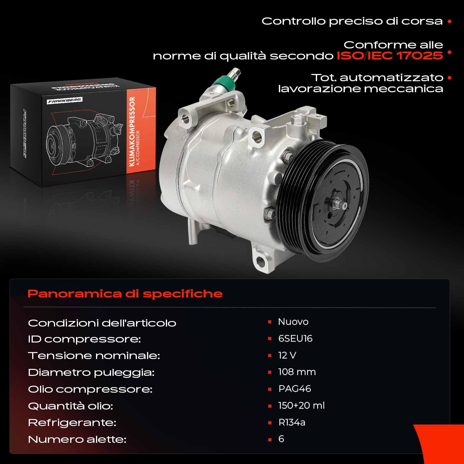 Frankberg Compressore dell'aria condizionata con frizione Compatibile con C3 Aircross II 2C 2R C4 Cactus Berlingo EC ER 2008 I CU 3008 MPV 0U 5008 0E 0U 9675655880, compreso l'olio preconfezionato