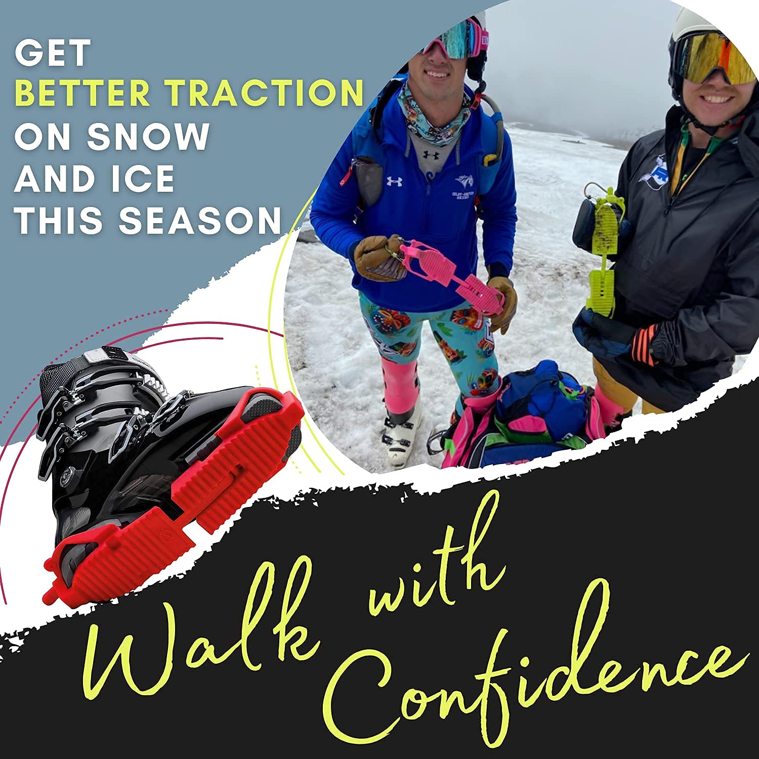 SkiSkootys Ski Boot Traction Cleats - (Adult & Youth Sizes, Classic Version) - Adjustable Comfort Soles for Protection While Walking in Skiing Boots, for Men, Women, & Youth (Red, Adult)