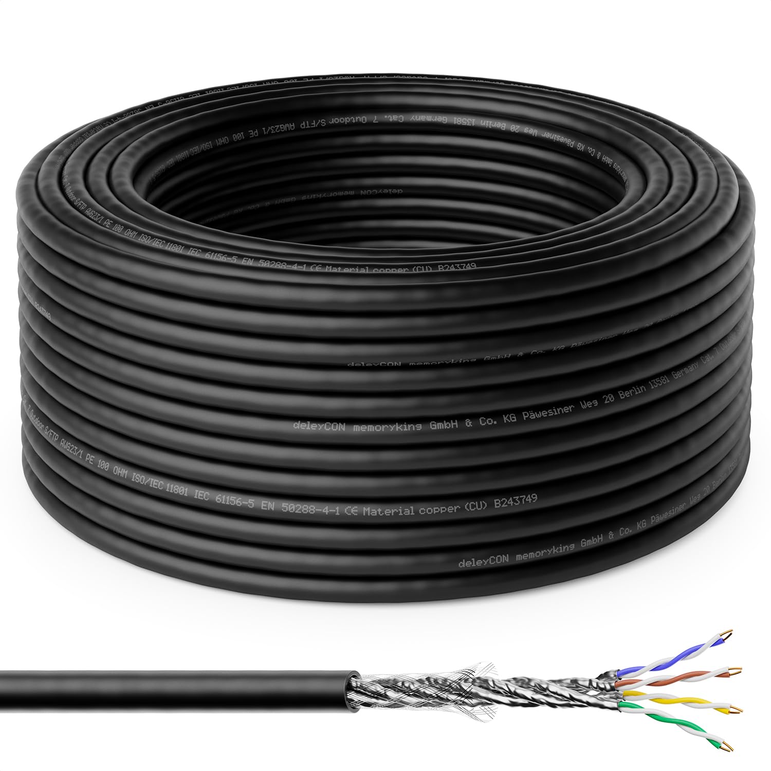 deleyCON 50m CAT 7 Outdoor Verlegekabel Kupfer CU S/FTP 10Gbps | Starr, PIMF Schirmung, 1000MHz, Außenbereich wetterfest, Netzwerkkabel Installationskabel LAN Ethernet, Garten Terrasse