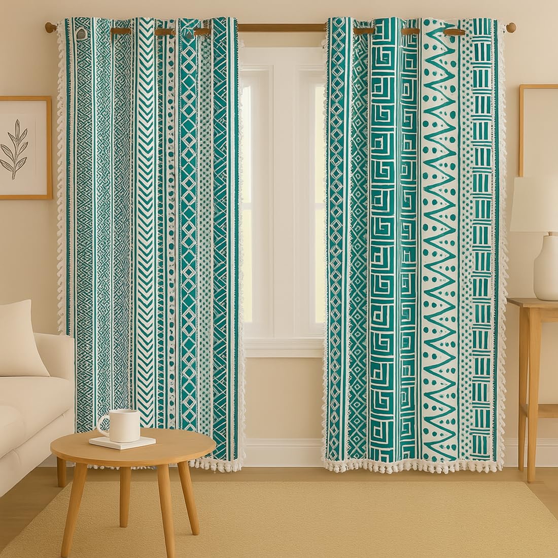 Cortina 100% Cotton, Bohemian Tasseled Floral Print, Room Darkening Curtains for Window (with Back Tabs) - 7 Feet, Black, 2 Piece (Length 210 cm)-image-7