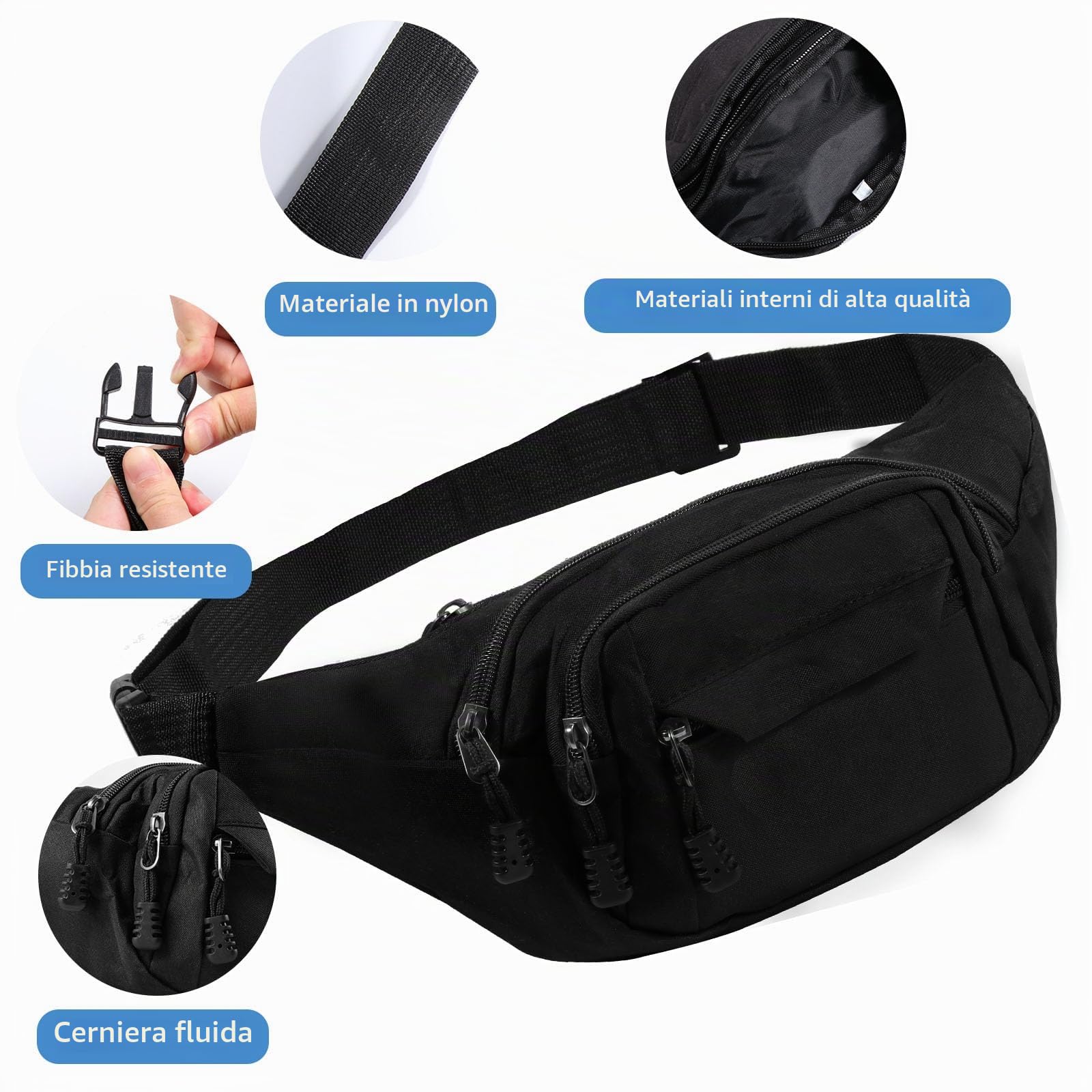 Vinabo Marsupio Uomo Donna Unisex, Marsupio Sportivo Grande con 4 Zip Tasche,Marsupio da Unisex per Allenamento All'aperto Escursionismo Campeggio