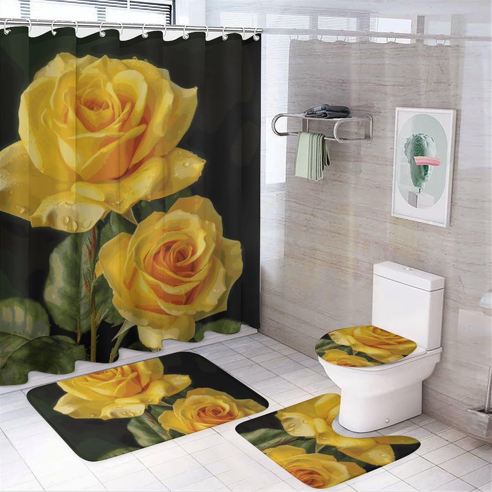 Rideau de douche fleuri et tapis assortis pour une salle de bain printanière