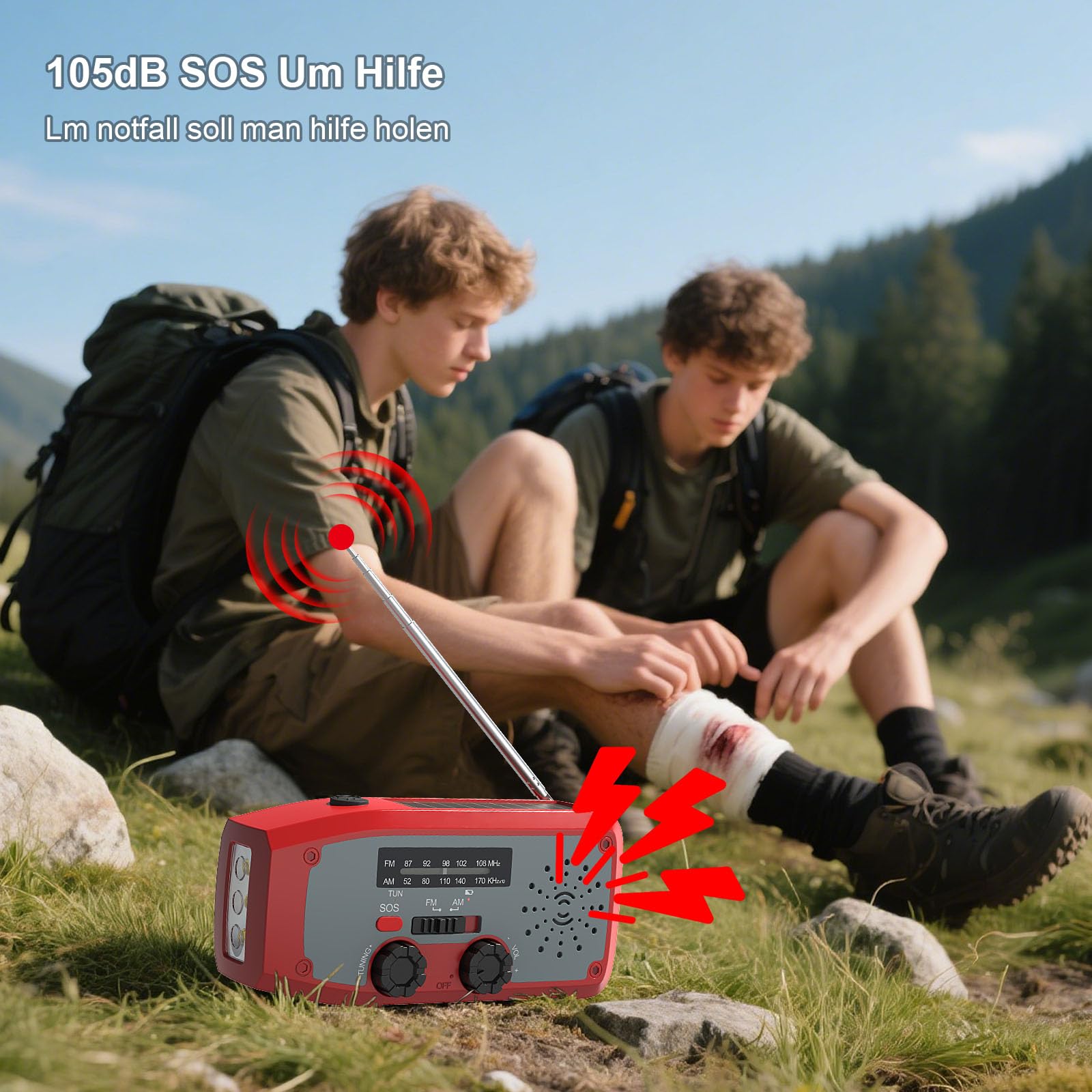 Kurbelradio, Notfall-Solarradio mit LED-Taschenlampe, SOS Alarm, AM/FM Notfallradio mit 2000mAh Akku für Innen Außen Camping Stromausfall, Rot
