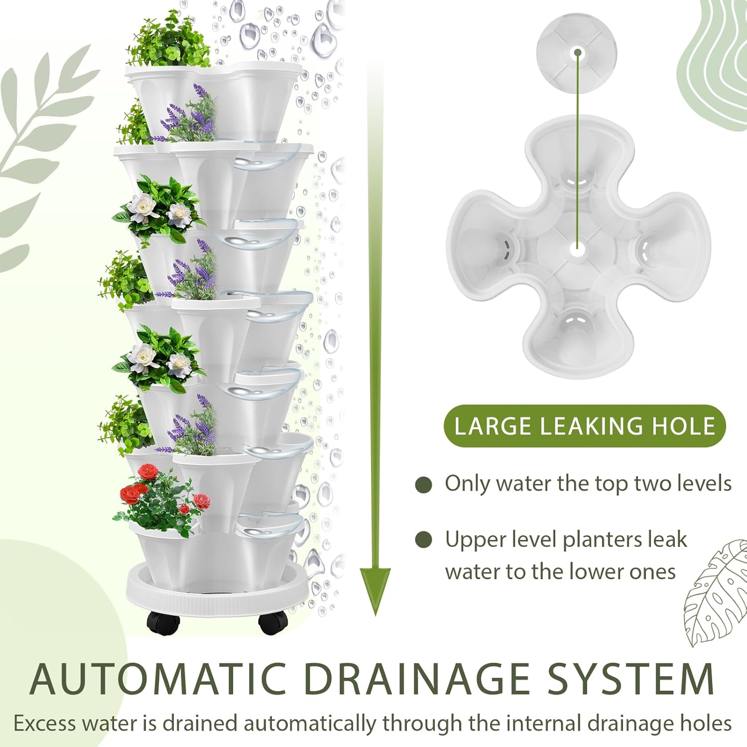 Umigy 1 Set White 7 Tier Vertical Planter Stackable Tower Planters Strawberry Herb Flower and Vegetable Pots Indoor Outdoor Gardening Pots with Removable Wheels and Tools