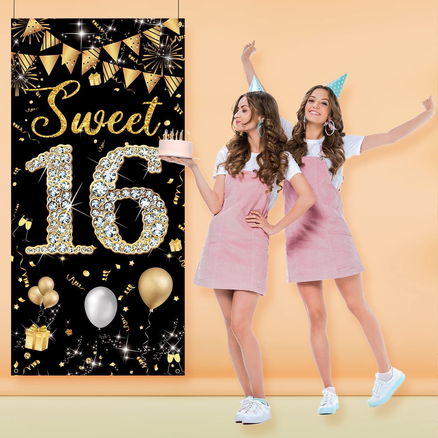 Buy Sweet 16 Birthday Decorations Door Banner, Black Gold Happy Sweet
