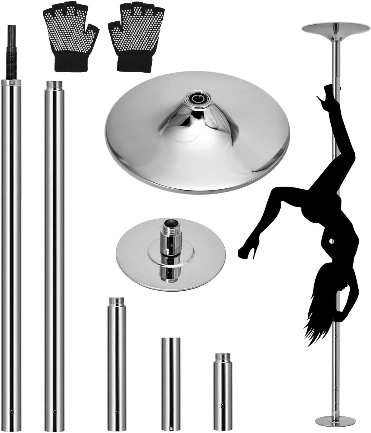 OFCOSO Silver Stripper Pole Portable Dancing Pole 45mm Spinning&Static Dance Pole with Adjustable Height for Exercise Club Party Pub Home Gym