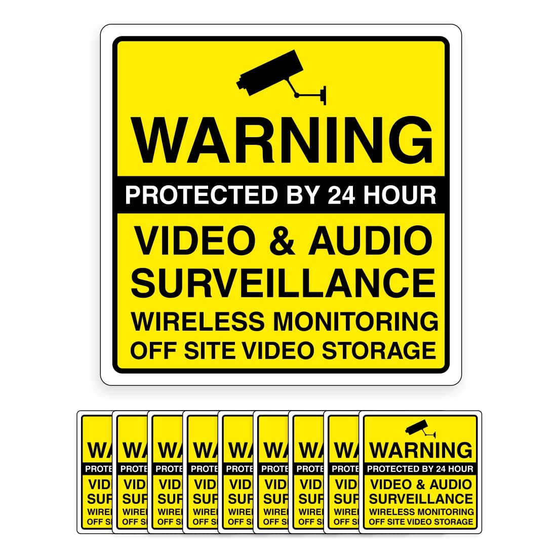 Video and Audio Surveillance Warning Signs, 24-Hour CCTV Security Stickers, 100mm x 100mm, Self-Adhesive Vinyl labels (10)