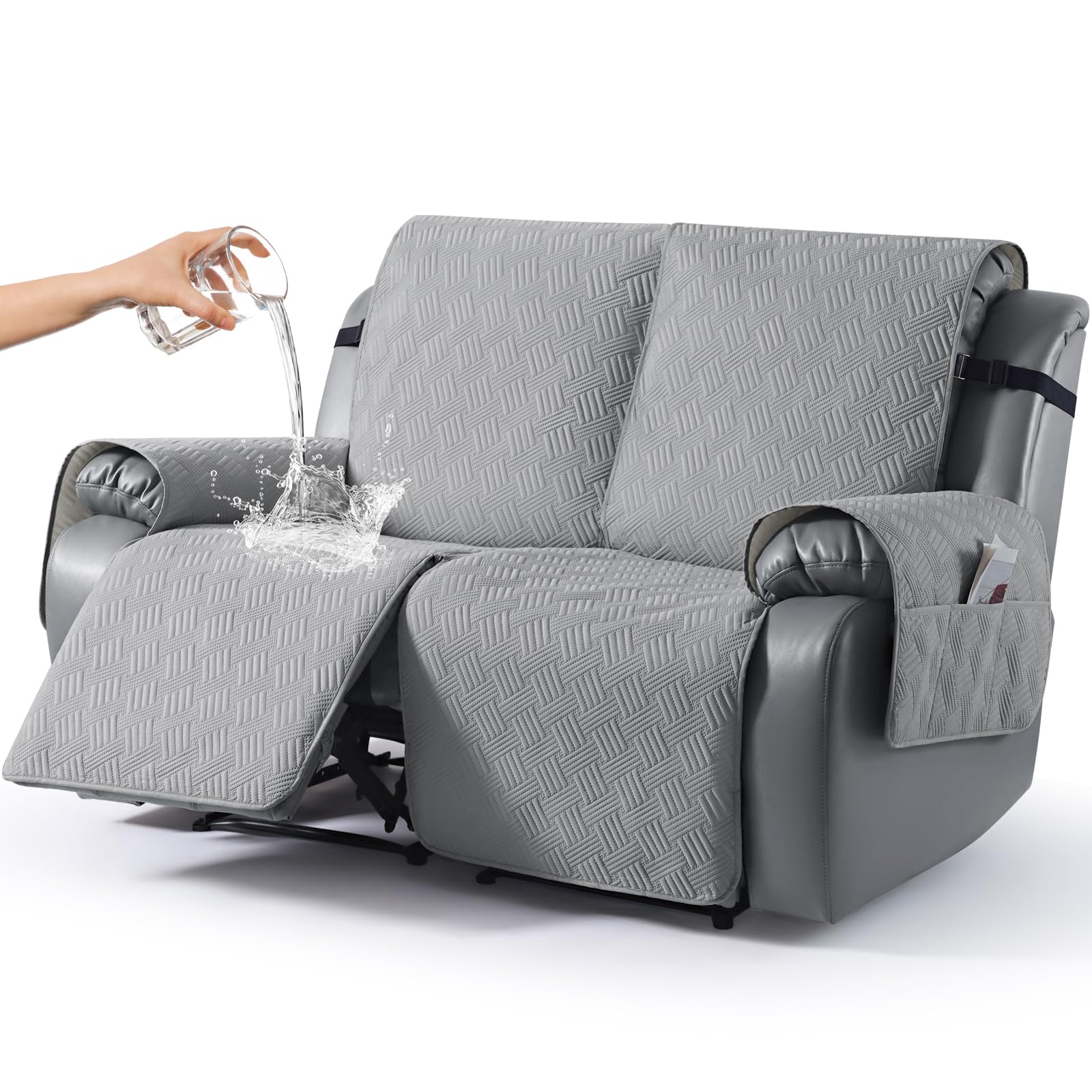 KinCam Waterproof Recliner Chair Cover, Armchair Slipcover with Elastic Straps & Side Pocket, Anti Slip Couch Cover Sofa Protector for Dogs & Pets, Washable Armchair Cover 2 Seater, Light Grey