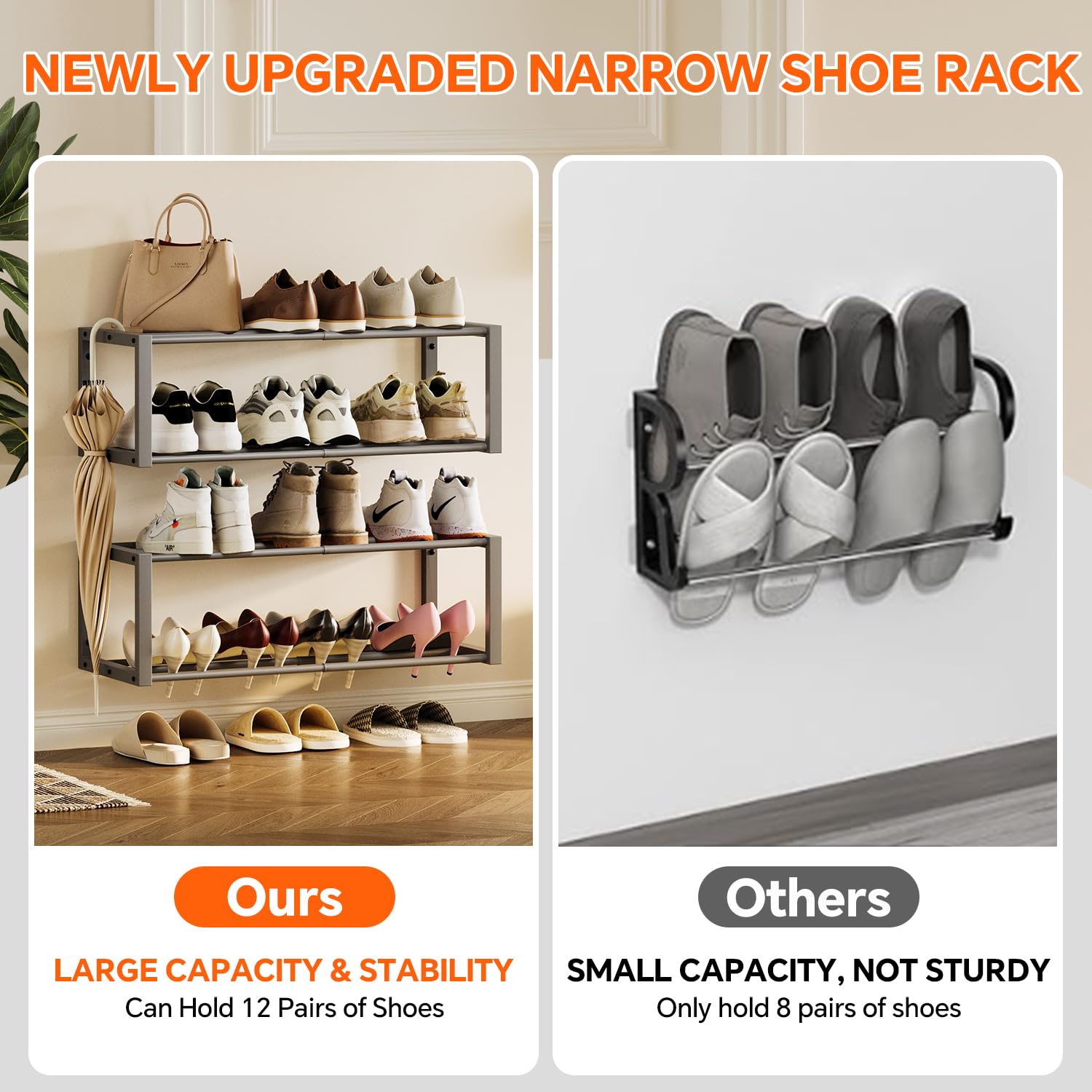 Homeiju Hängender Schuh-Organizer, 2 Stück, Wandmontage, für 12 Paar, platzsparendes Metall-Wand-Schuhregal, Schuhhalter zum Aufhängen für kleine Räume, Eingang, Schrank, Wohnmobil, Wohnmobil (grau)