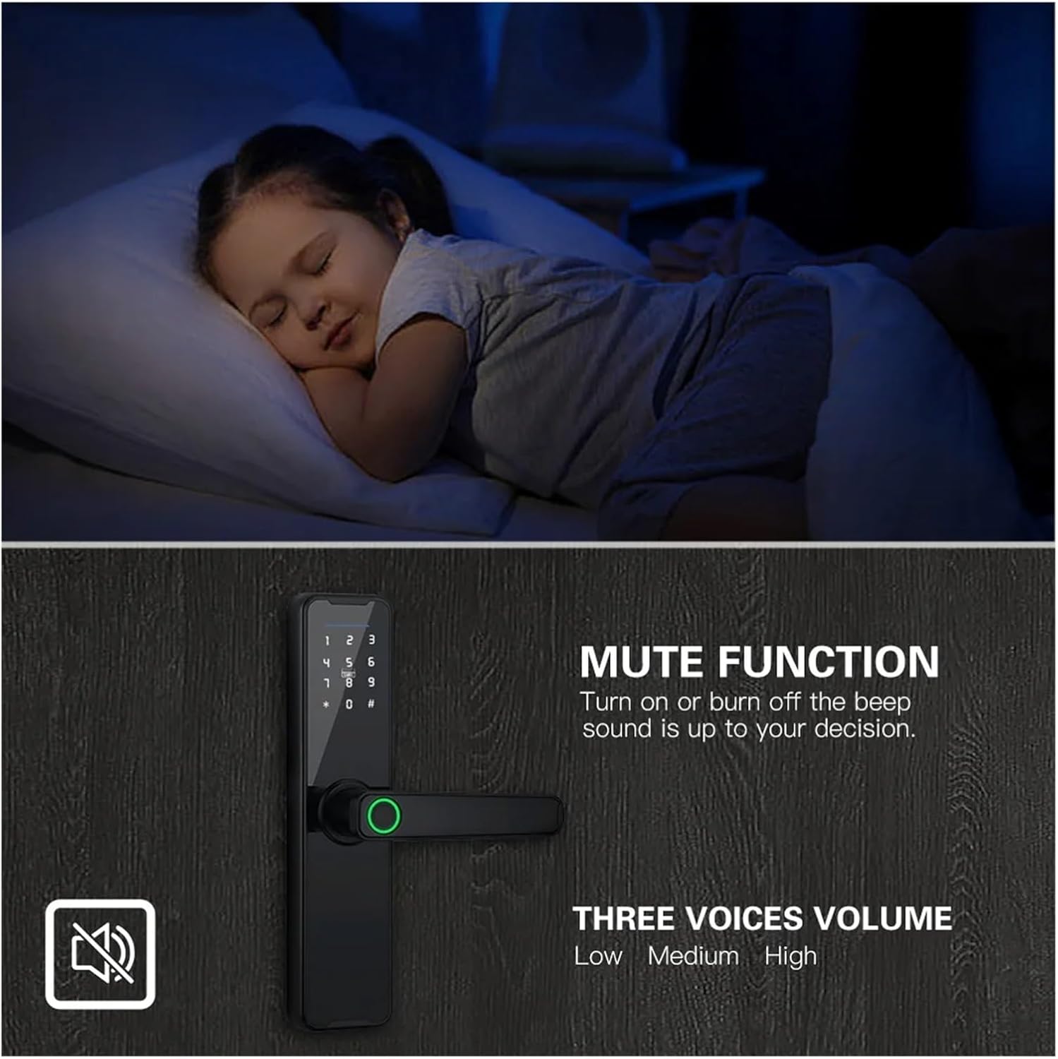 Image showing the mute function and three voice volume options (Low, Medium, High) for the smart door lock.