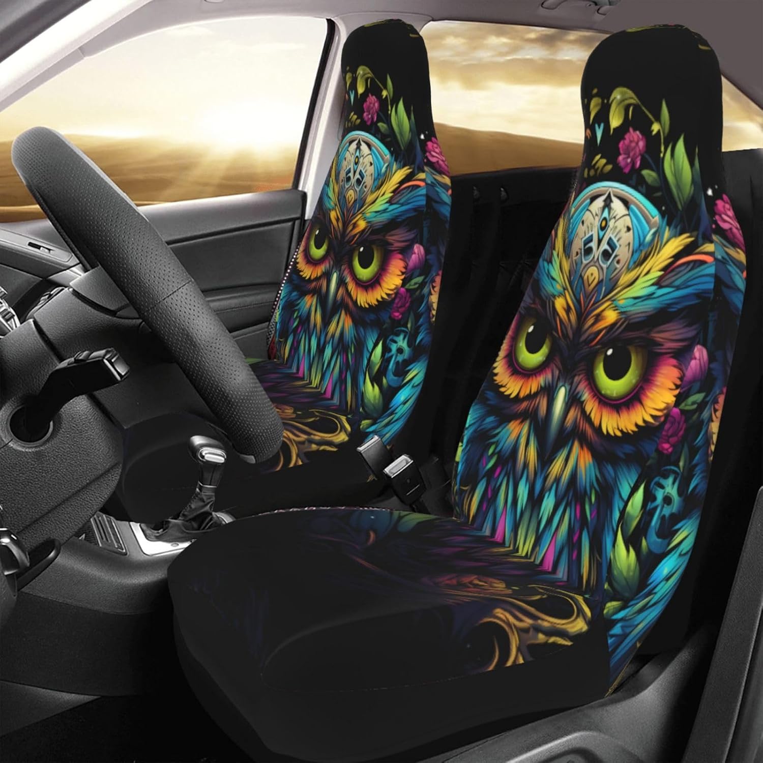 Universal Owl with Colored Eyes Printed car seat Covers are Suitable for Most Seats in Trucks, Vans, and Other Similar Vehicles.