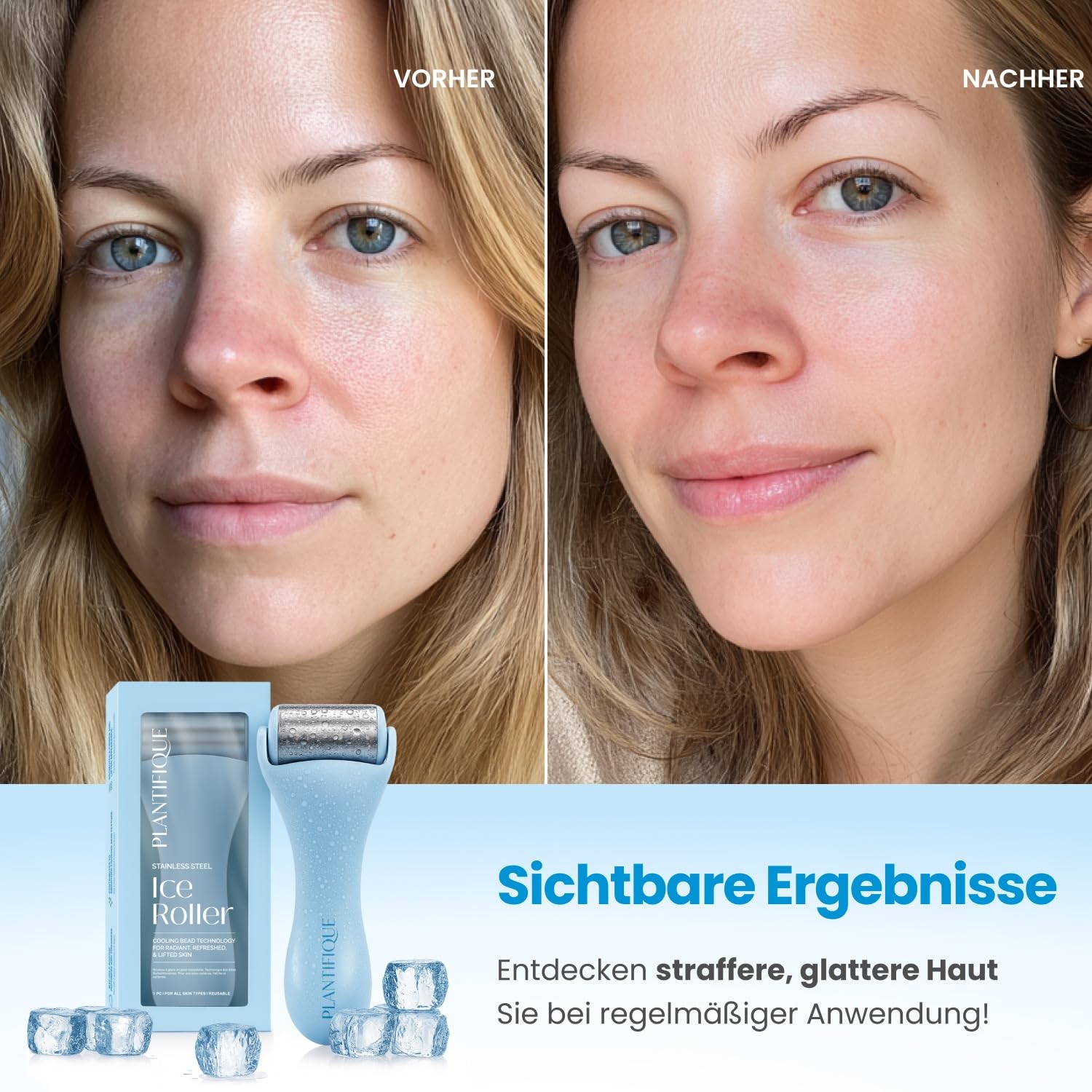 PLANTIFIQUE Facial Ice Roller - Puffiness Cryotherapy Skin Care Massage Tool - Stainless Steel Roller and Korean Jojoba Oil & Hyaluronic Acid Face Massage Serum – Hydrating Anti-Aging Collagen