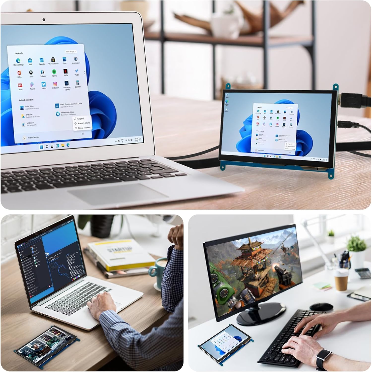 ELECROW мониторлорун колдонуунун ар кандай сценарийлери, анын ичинде экинчи ноутбук дисплейи катары, код жазуу жана оюн үчүн.