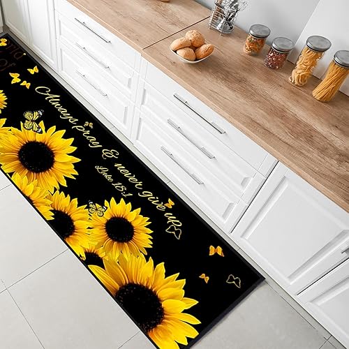 Miniatura 2 de Tinideya Juego de 3 alfombras de cocina cristianas de girasol, alfombra de decoración de cocina con girasol, alfombras de pasillo y alfombras,