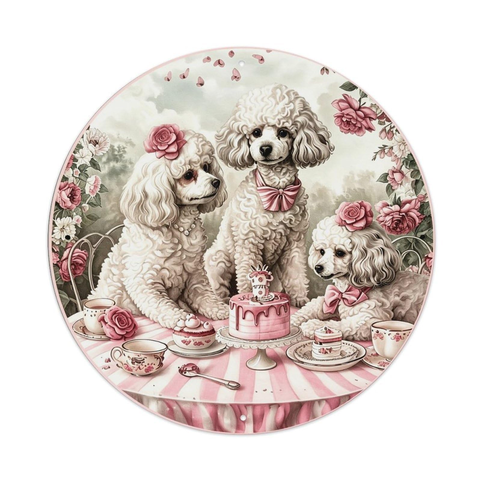 Three Poodles At Tea Party Tin Sign Metal Poster Vintage Metal Signs for Home Man Cave Bar Cafe Kitchen laundry room Wall Decorations 8x8 inches