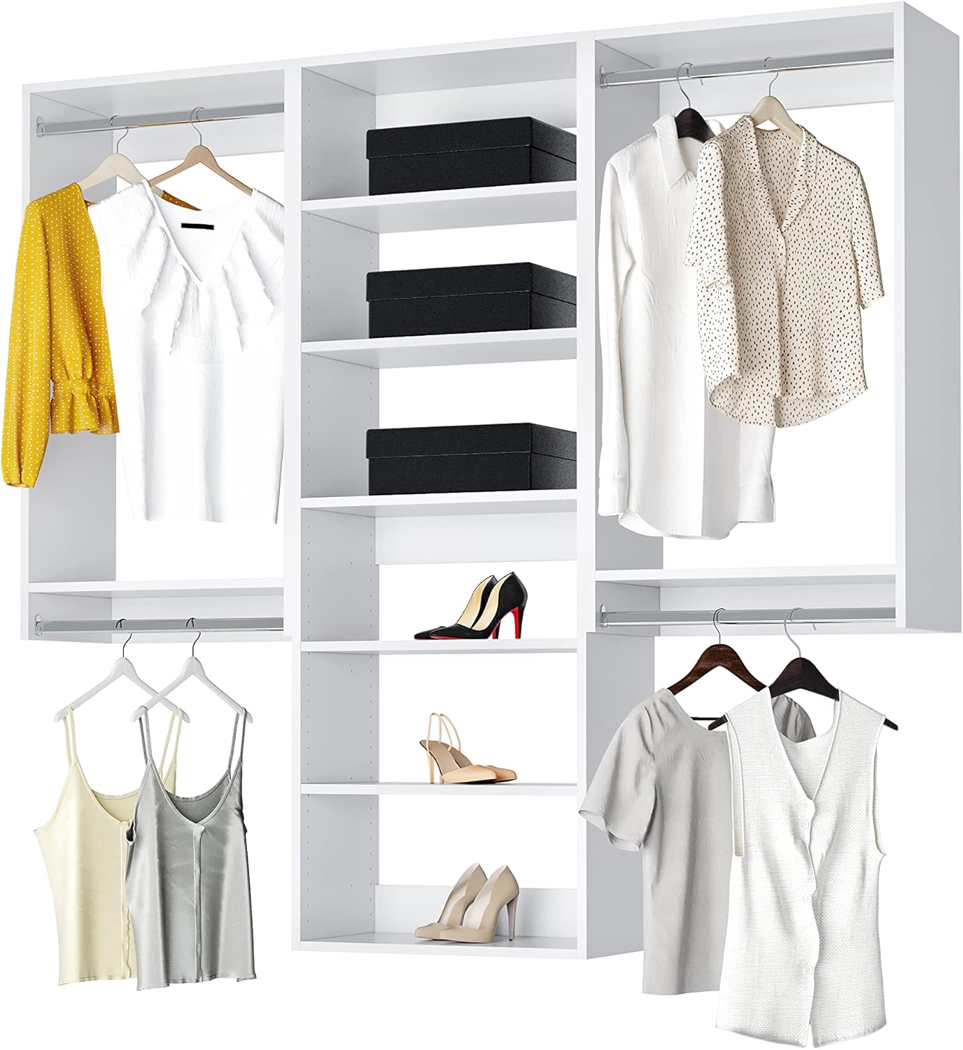 Modular Closets Vista Collection Closet Organizer System - 3 Piece Wall Mounted Kit with Hanging Rods & Shelves, White, Fits Closets 81” or wider