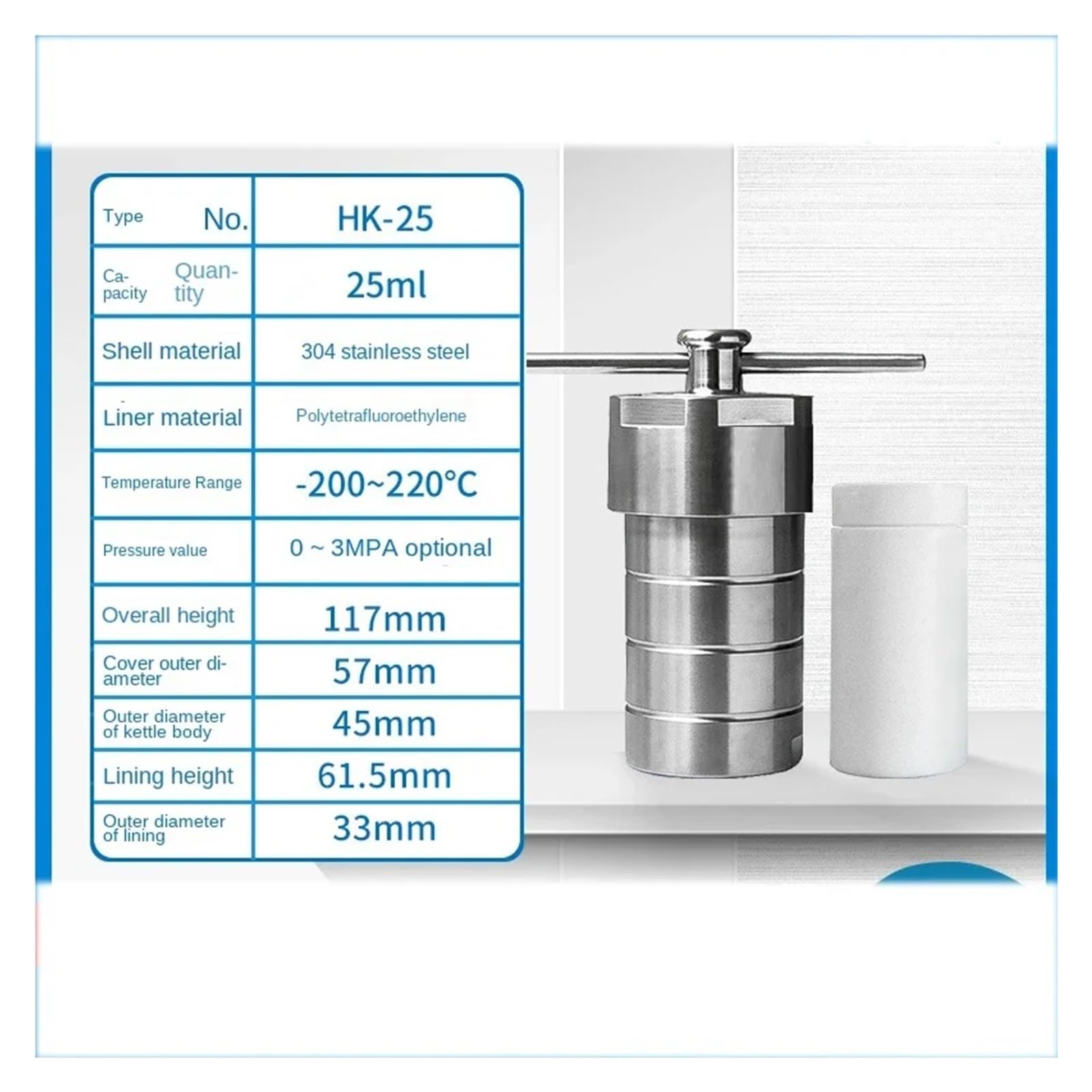 Laboratorium reaktora do syntezy hydrotermalnej Mały reaktor hydrotermalny ze stali nierdzewnej wyłożony PTFE 100 ml(100ml)