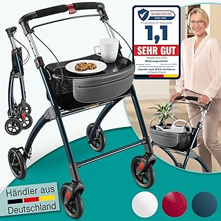 ELONEO Wohnungsrollator 54cm breit, faltbar und leicht, inkl. Tablett & Stoffkorb, Rollator schmal für die Wohnung, Indoor-Rollator, klappbar, Aluminium,Mobilität für Zuhause anthrazit