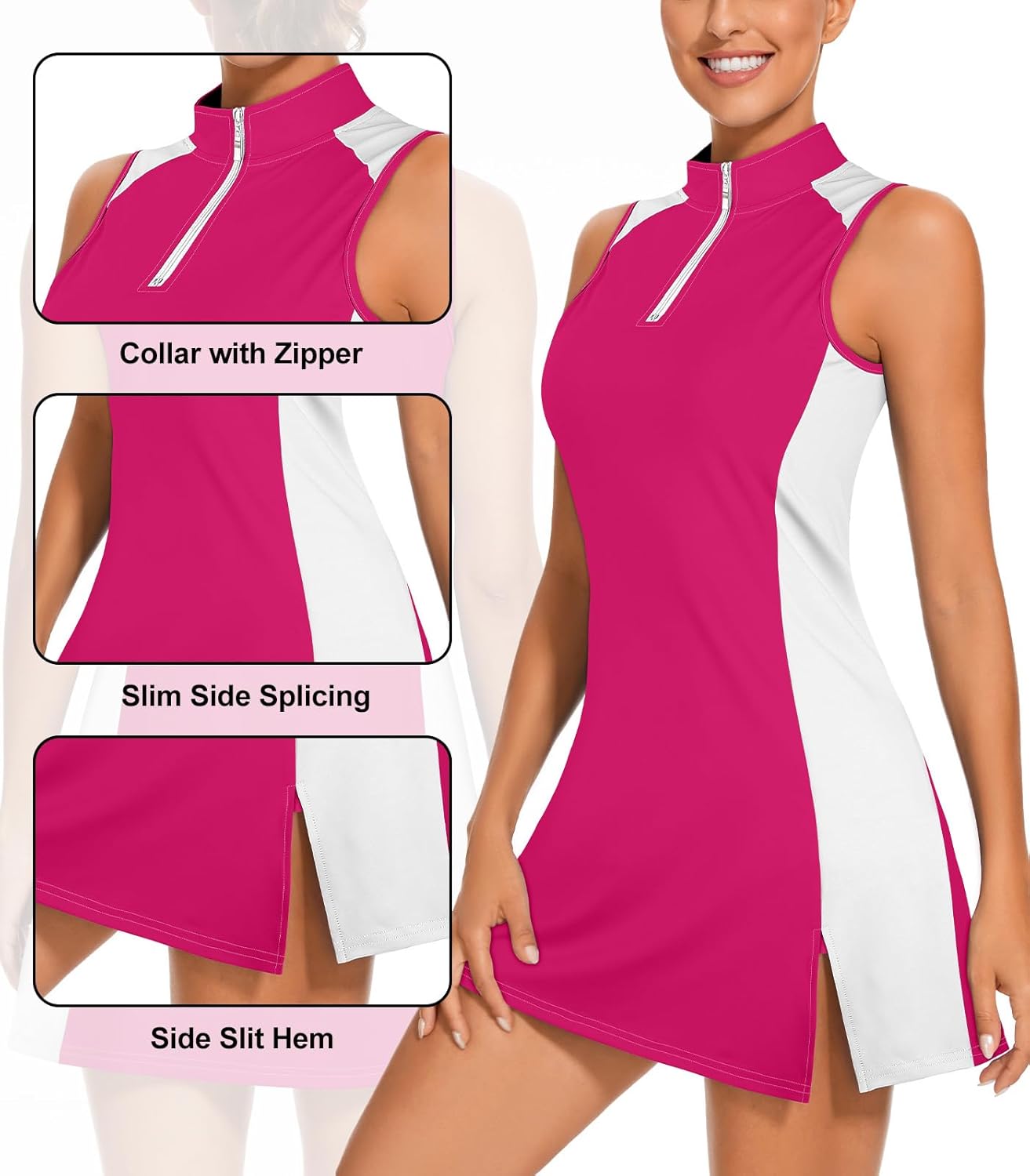 Viracy Tennis Dress Golf Dresses for Women with Shorts, Pockets Sleeveless Zip Up Stand Collar Lightweight Athletic Dress - Image 4