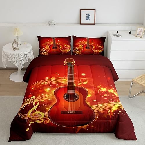 Miniatura 3 de Erosebridal Juego de edredón de guitarra para niños, tamaño matrimonial, juego de ropa de cama teñido anudado rojo, notas musicales, relleno de