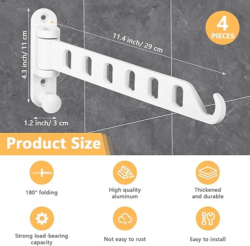 Miniatura 2 de FillTouch 4 piezas de tendedero para colgar en la pared, pequeño colgador de ropa con brazo oscilante, estante para colgar ropa blanca, perchero