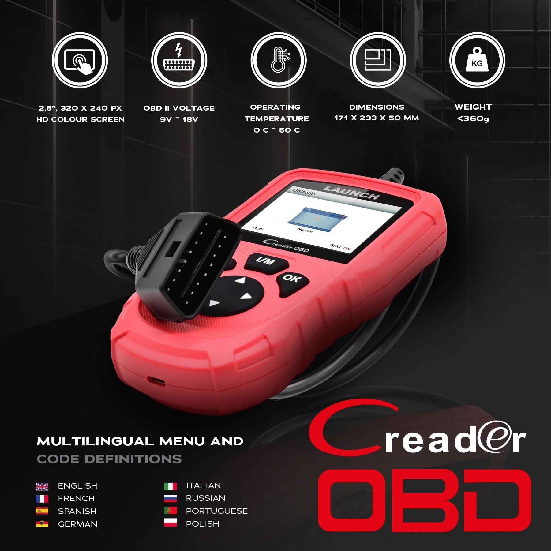 Launch CR OBD OBD2 Diagnosegerät,OBDII/EOBD Diagnose Fehlerspeicher Auslesen, KFZ Auslesegerät Auto mit DTC-Definition, I/M-Bereitschaft, EVAP &O2-Sensortests,8 Sprachen, 2,8 Zoll TFT Farbbildschirm