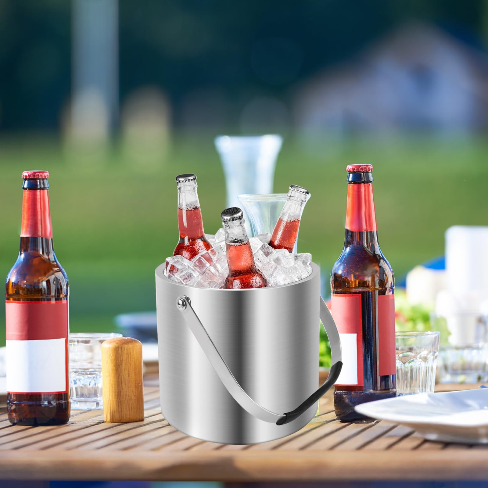 Cubitera de hielo de 4 litros con tapa y pinzas, cubo de hielo aislado de doble pared con colador de cuchara, cubos de hielo grandes de acero inoxidable para fiestas, hogar, bares, pubs